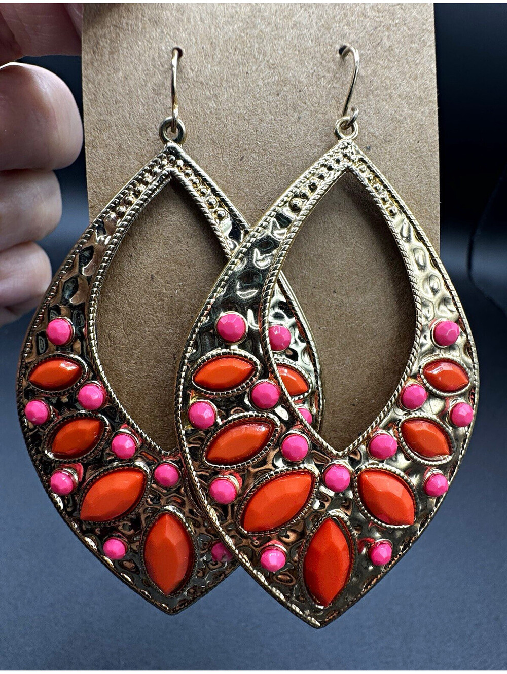 Orange Pink Statement Earrings Gold Tone Marquise Boho Chandelier Dangle